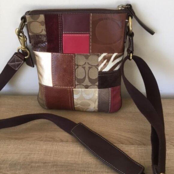 COACH Signature Patchwork Multicolor Canvas Leather Suede Shoulder Bag Crossbody - Picture 2 of 11